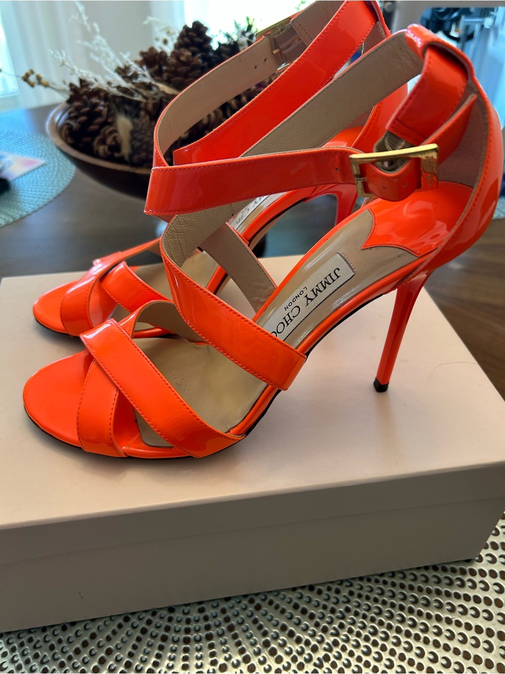 Jimmy Choo Women's Neon Orange Patent Leather Strappy Heels 🔥